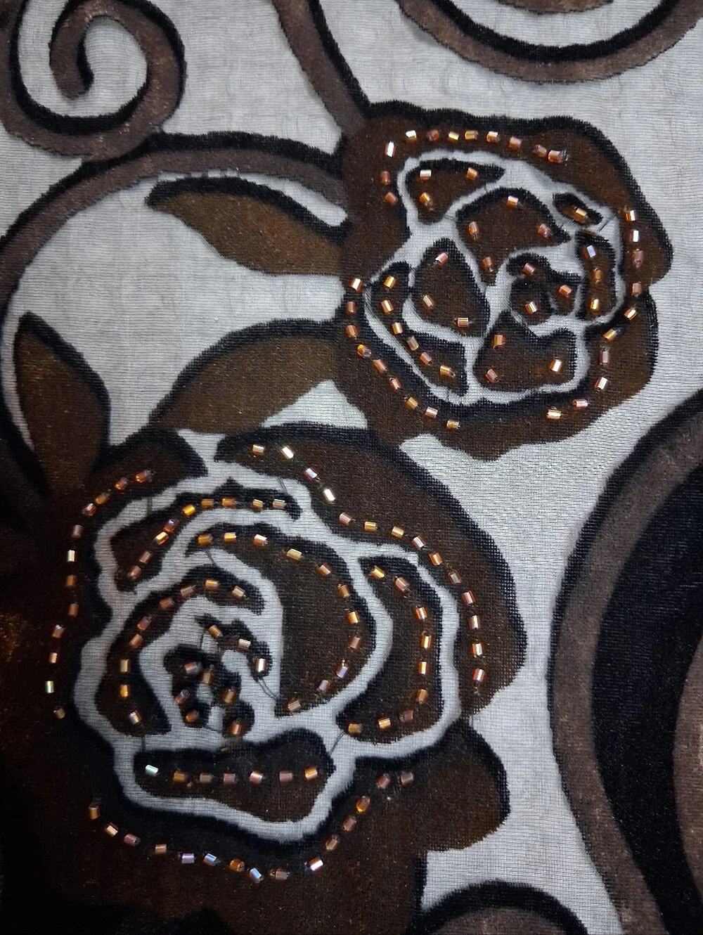 Unbranded Velvet Burnout Scarf/Shawl w/Beaded Rose Motif and Delicate Fringe